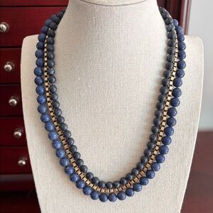 Stella & Dot Double Strand Navy Bead Necklace with Gold Chain